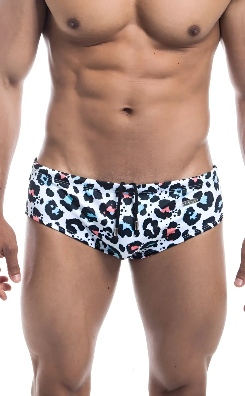 Oceanico swim brief white swim trunks with bold leopard print black spots pink and light blue accents for stylish wear