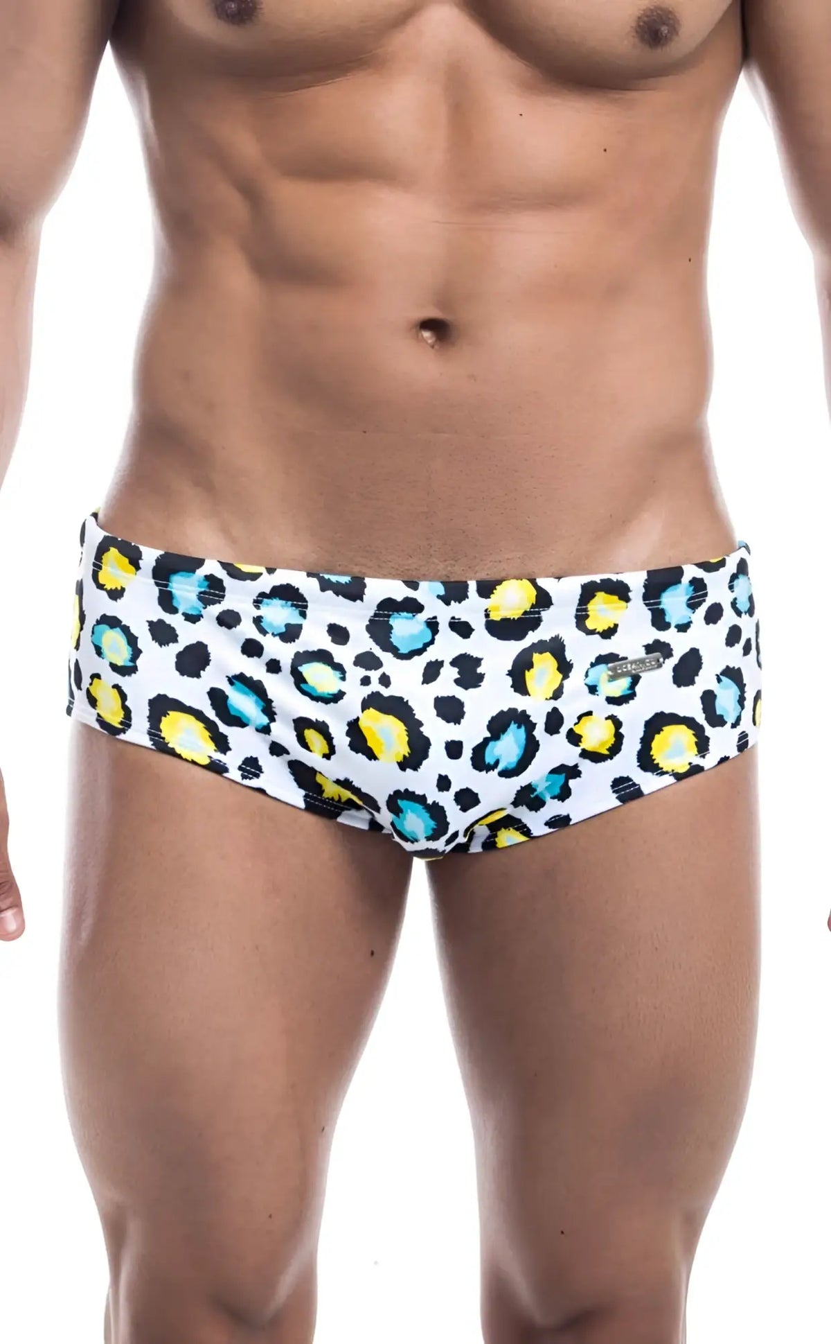 White oceanico swim brief with bold leopard print featuring yellow and teal spots for swimwear use