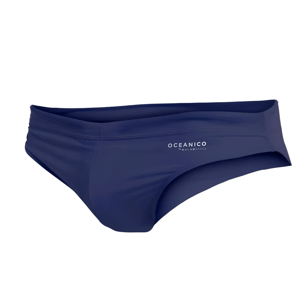 Navy blue oceanico swim briefs with sleek form-fitting design and subtle white branding on the waistband
