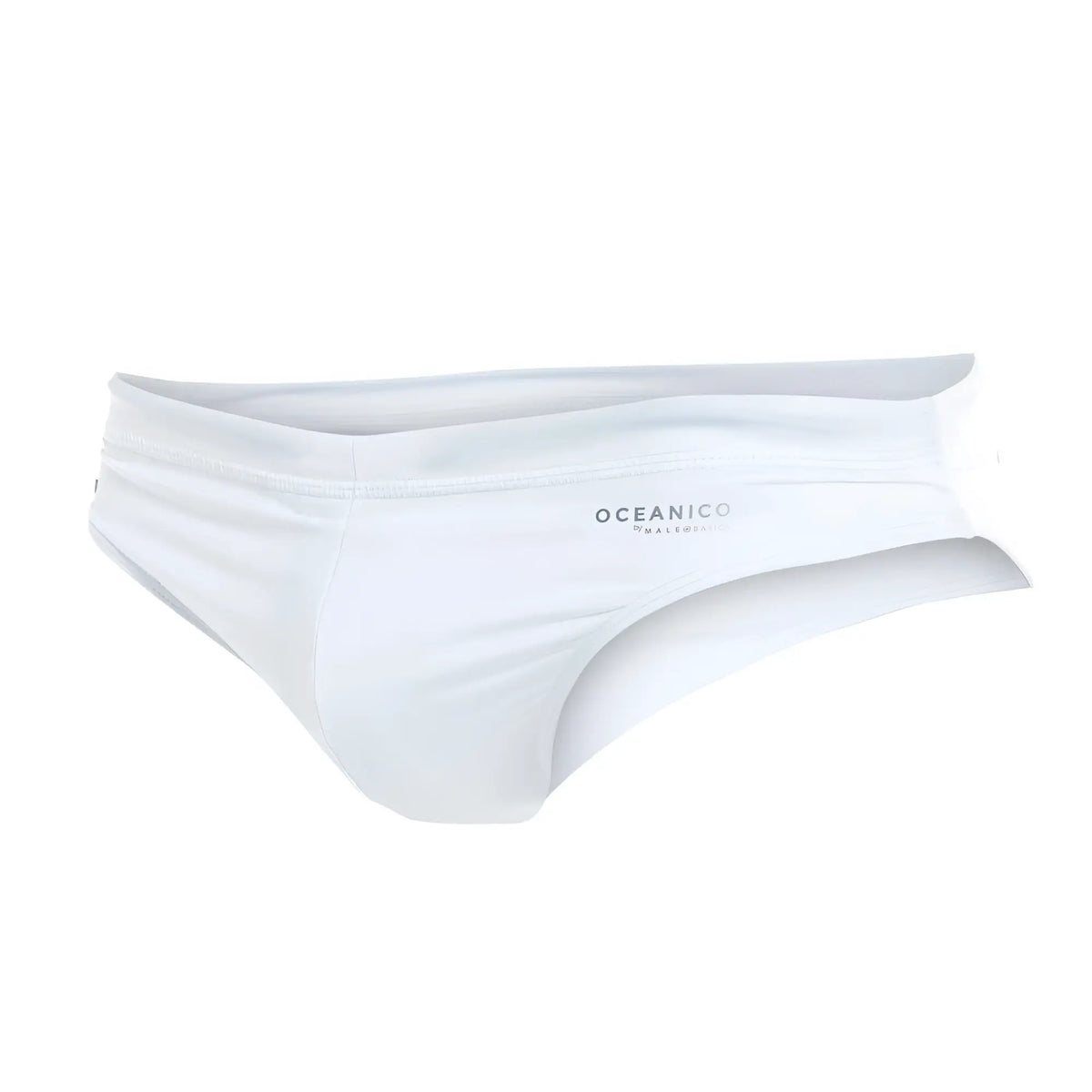 White oceanico swim briefs with sleek form fitting design and subtle brand logo on waistband for men