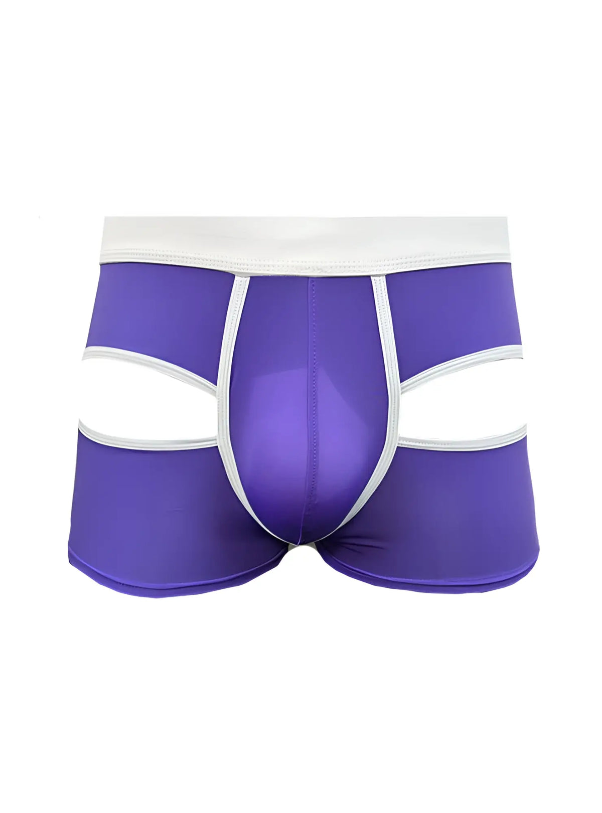 Purple menâ€™s open back trunk briefs with white trim and cut-out design showing the back side