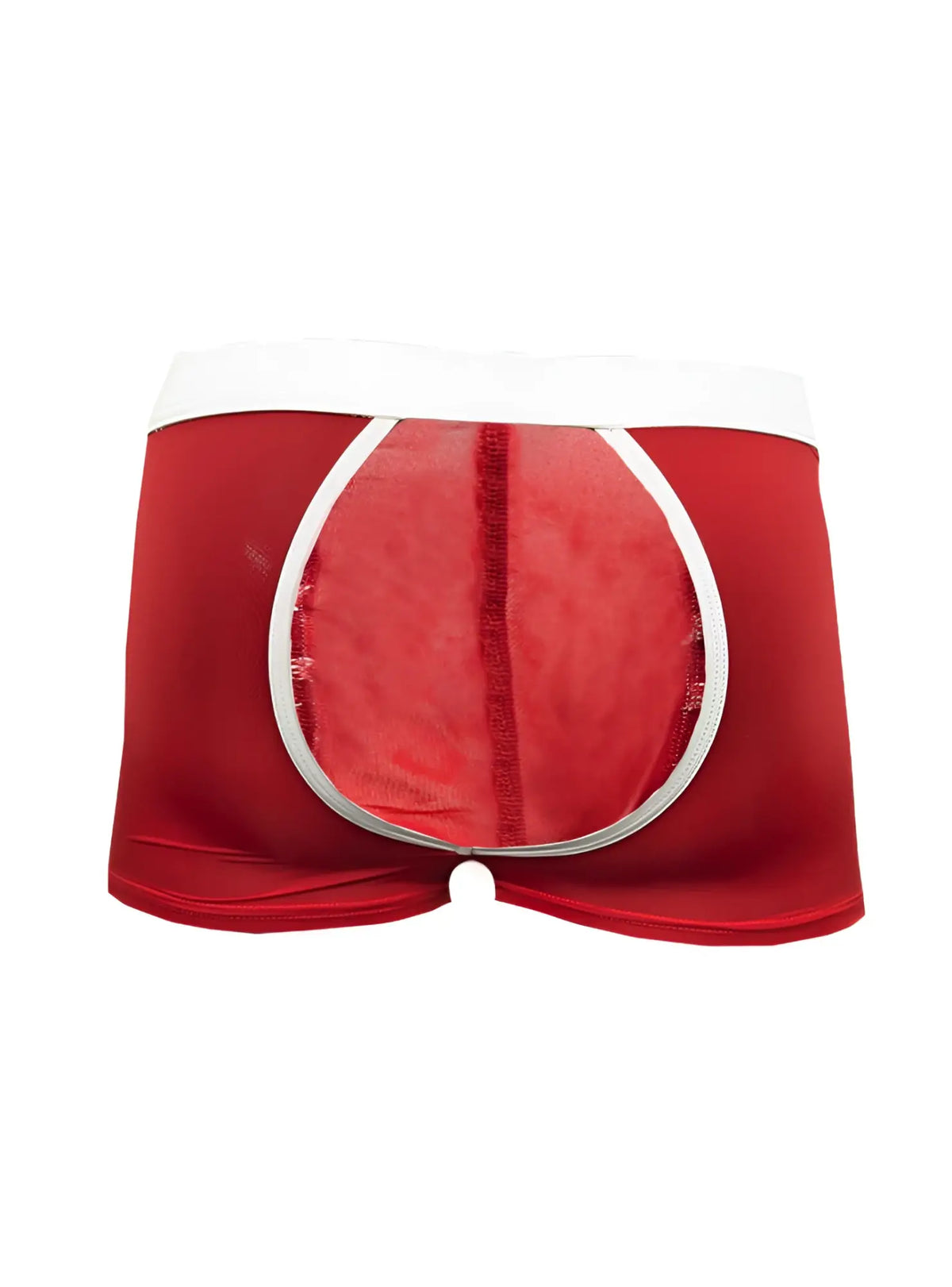 Red satin open back trunk briefs with white elastic waistband and circular cutout detail on the back side