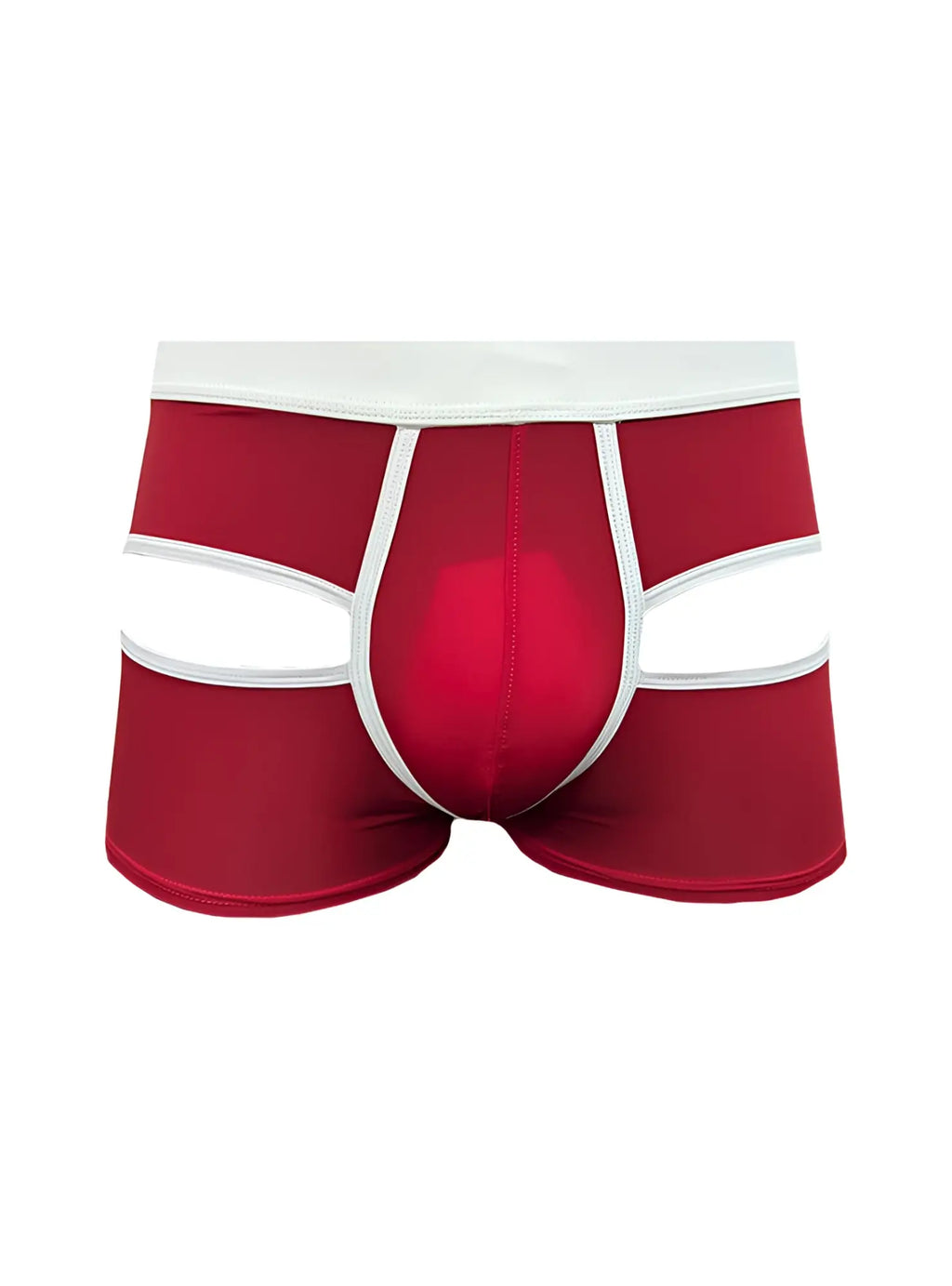 Open back trunk red and white cut-out boxer briefs with sleek modern design for comfortable everyday wear