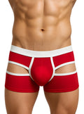 Open back trunk red and white striped cut-out briefs with bold modern design showing the back side