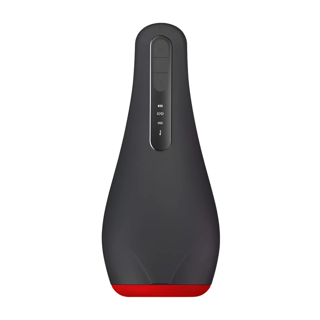 Black and red silicone heating masturbator otouch airturn 1 with ergonomic design and control buttons on the side