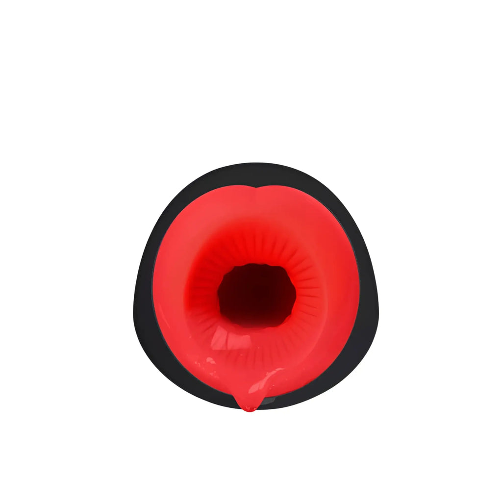 Red silicone insert with black rim and textured inner surface for otouch airturn 1 heating masturbator oral use