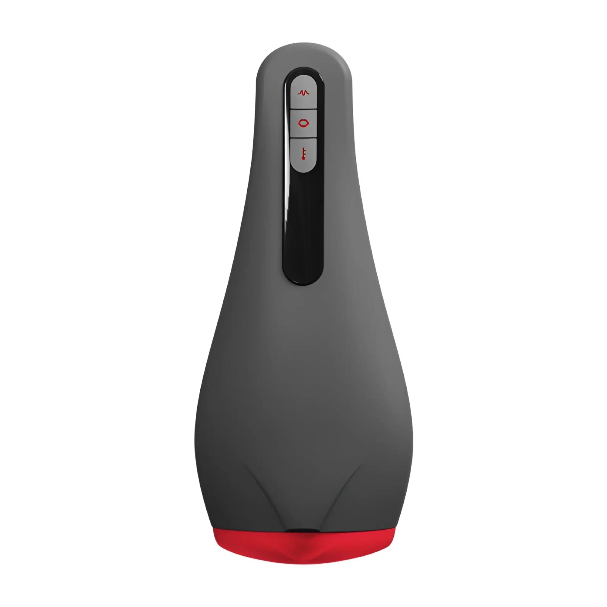 Gray and red silicone otouch airturn 2 heating suction masturbator oral with three control buttons on black panel