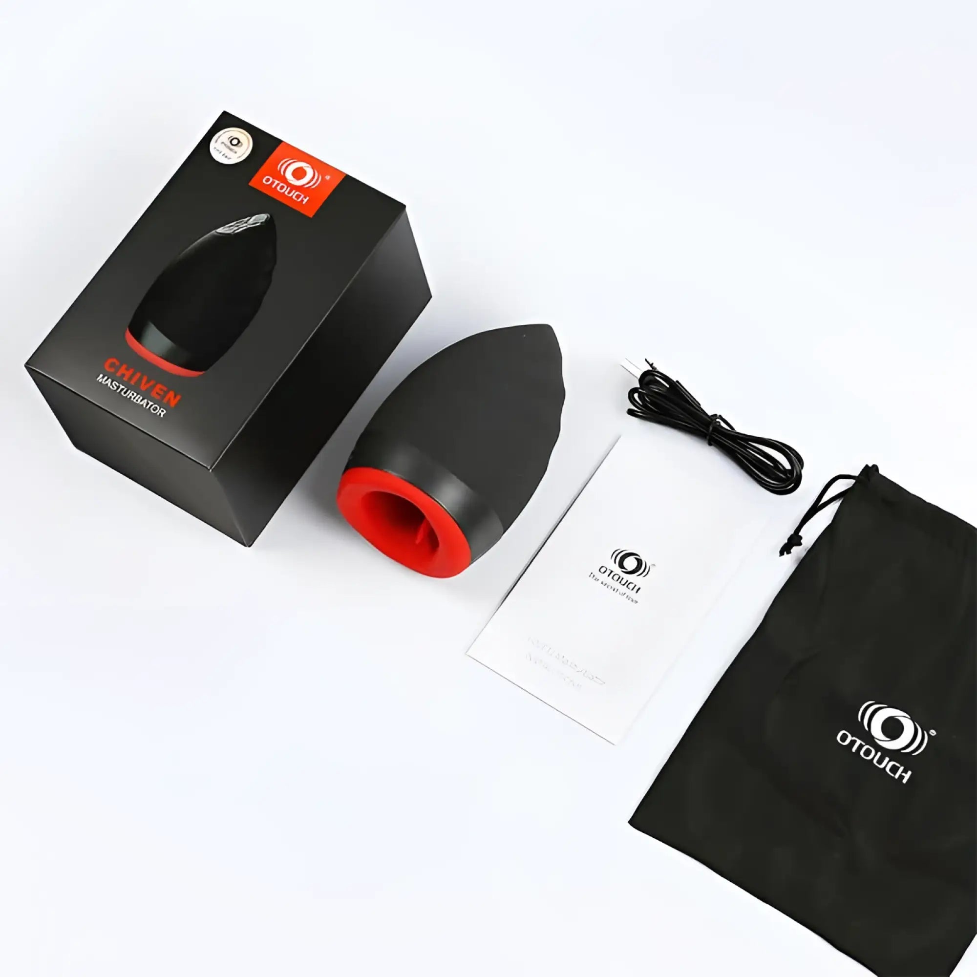 Black and red silicone otouch chiven oral sex heating masturbator with smooth rounded design for male pleasure