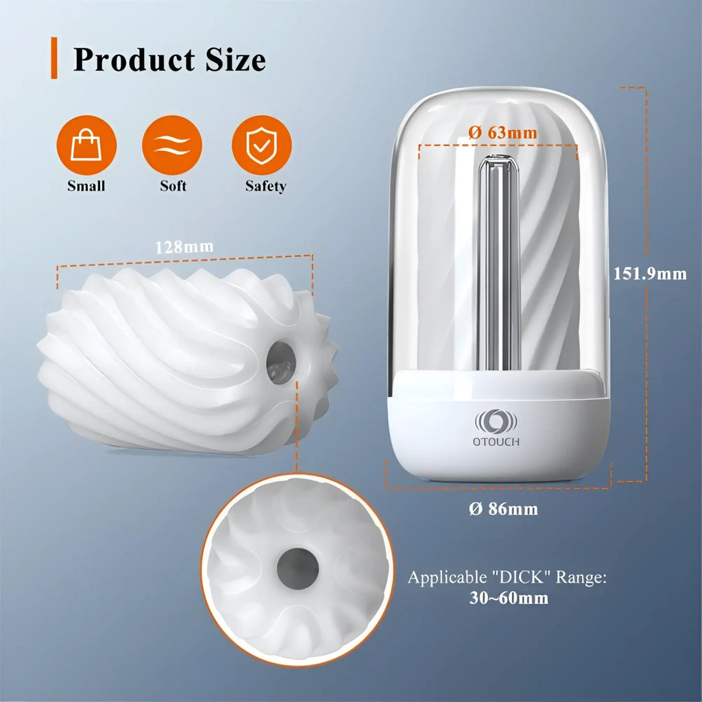 White silicone otouch OTouch DECOR 2 masturbator sleeve with silver metallic shaft and clear plastic UV sterilizing heating base