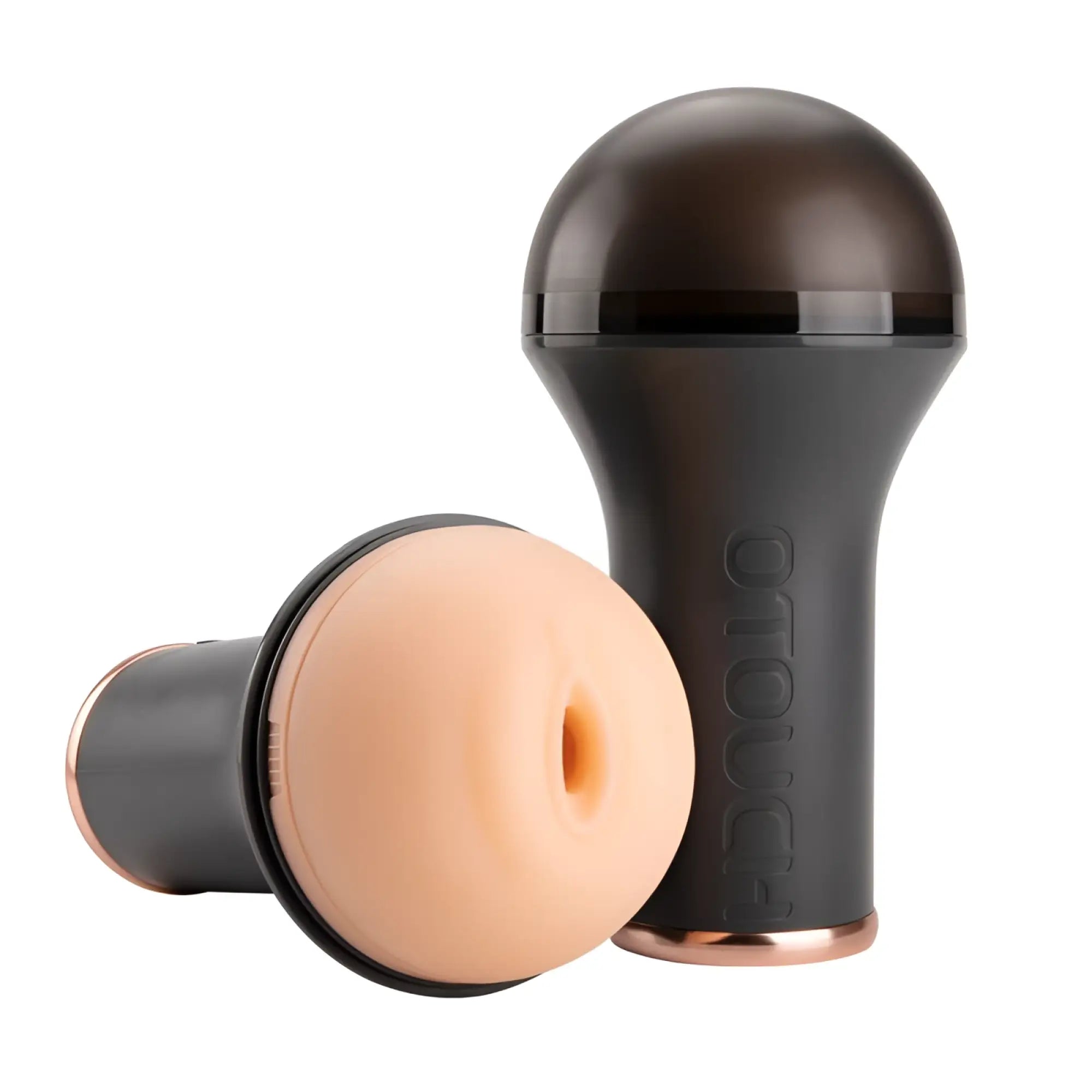 Black and rose gold orouch masturbator with peach silicone head featuring heating and vibration functions