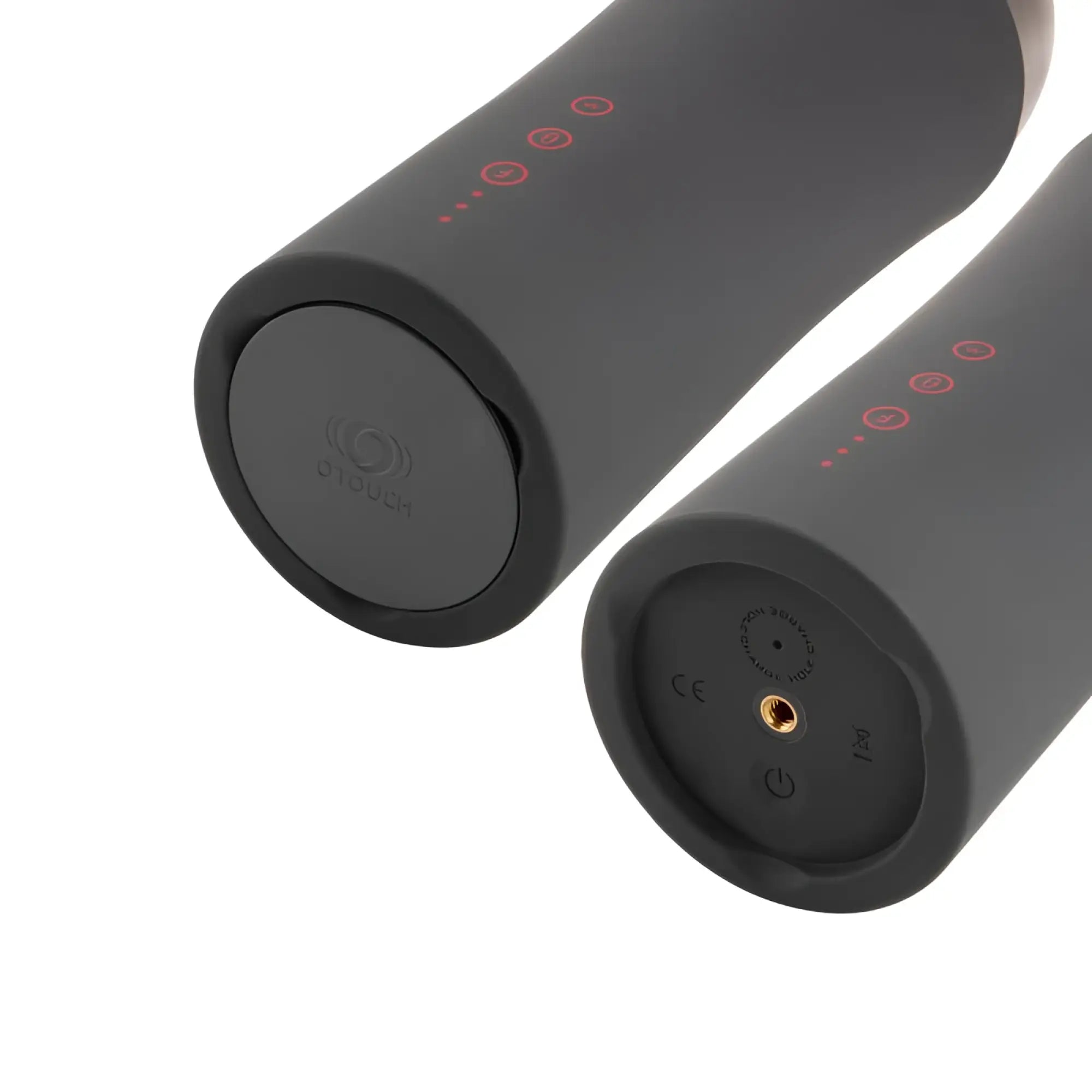 Black cylindrical handheld OTouch Inscup 2 contracting vibrating USB masturbator with red LED indicator lights and logo base