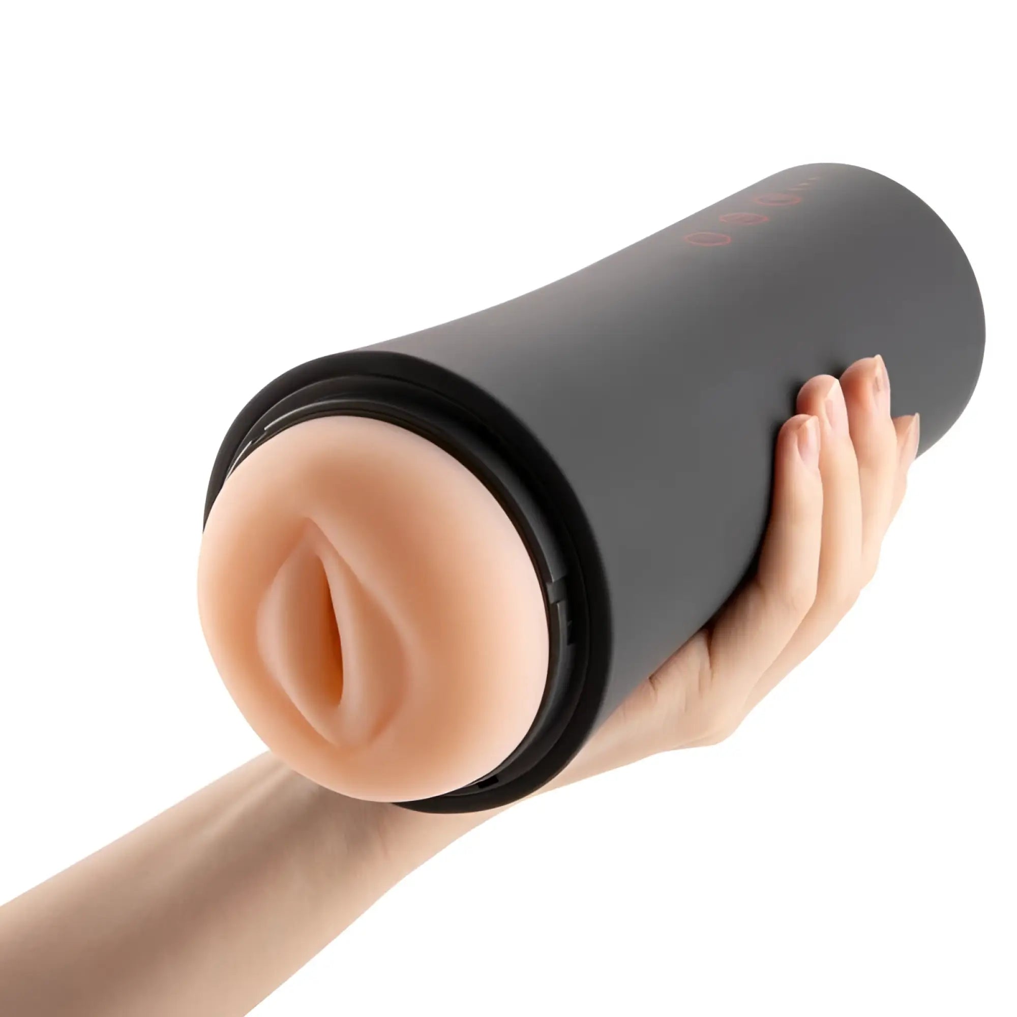 Black cylindrical vibrating USB masturbator with peach silicone head and realistic lips otouch inscup 2 contracting design