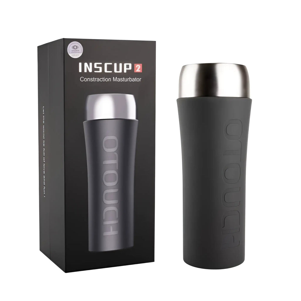 Black insulated travel mug with silver metallic lid and inscup 2 embossed on matte finish for on the go use