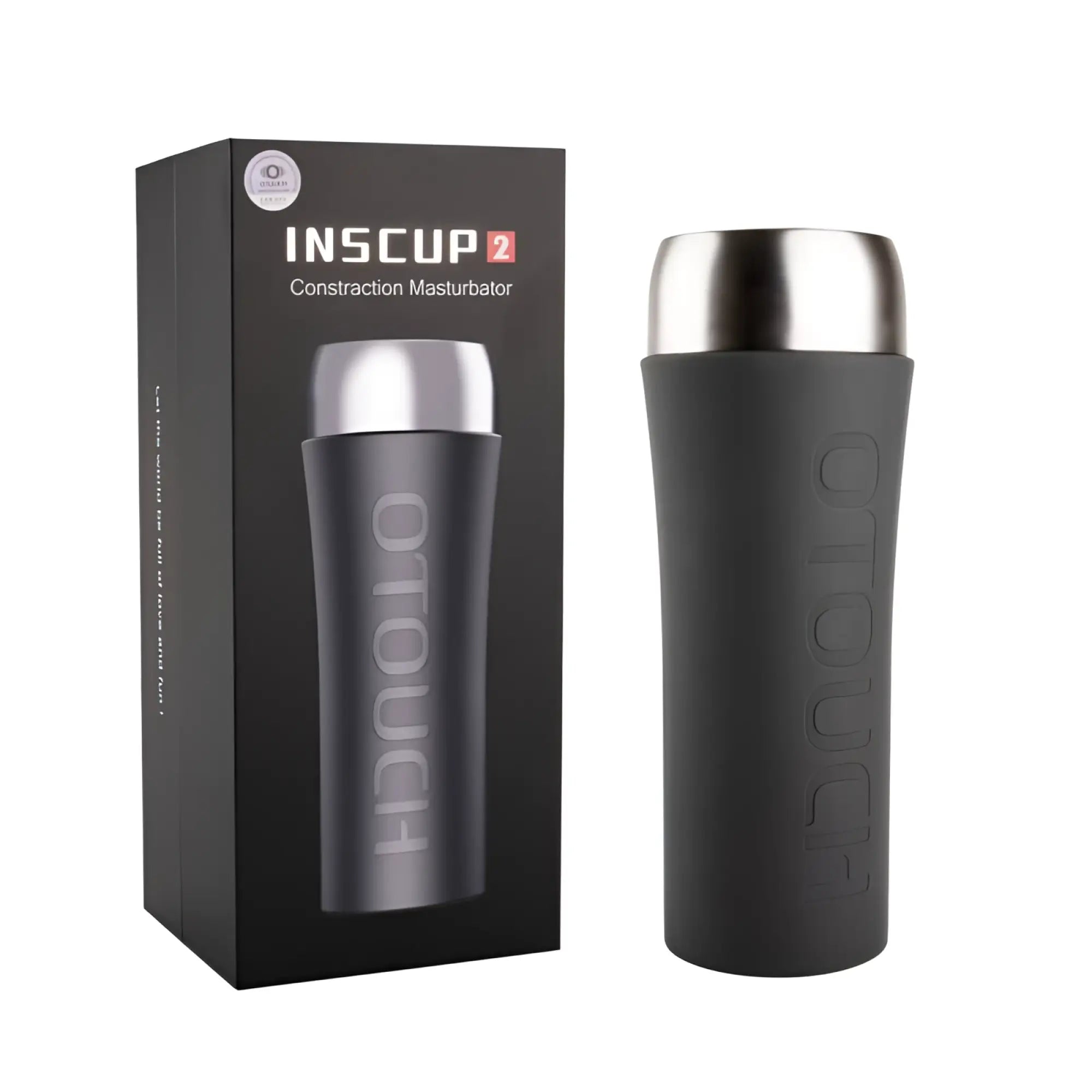 Black insulated travel mug with silver metallic lid and inscup 2 embossed on matte finish for on the go use