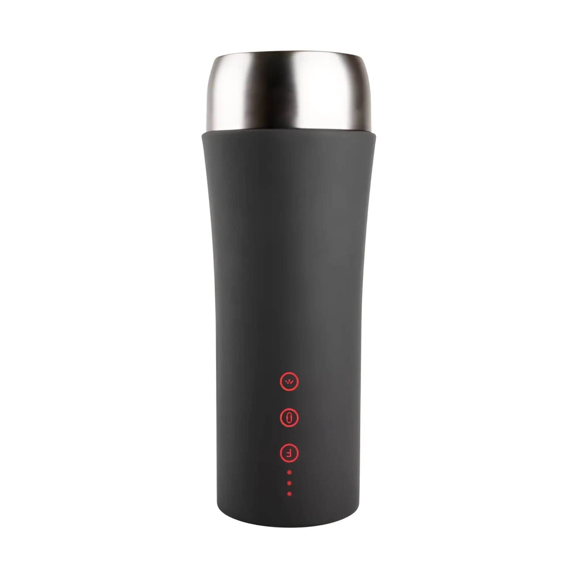 Black insulated travel mug with stainless steel lid and three red illuminated control buttons on side for otouch inscup 2 contracting vibrating usb masturbator