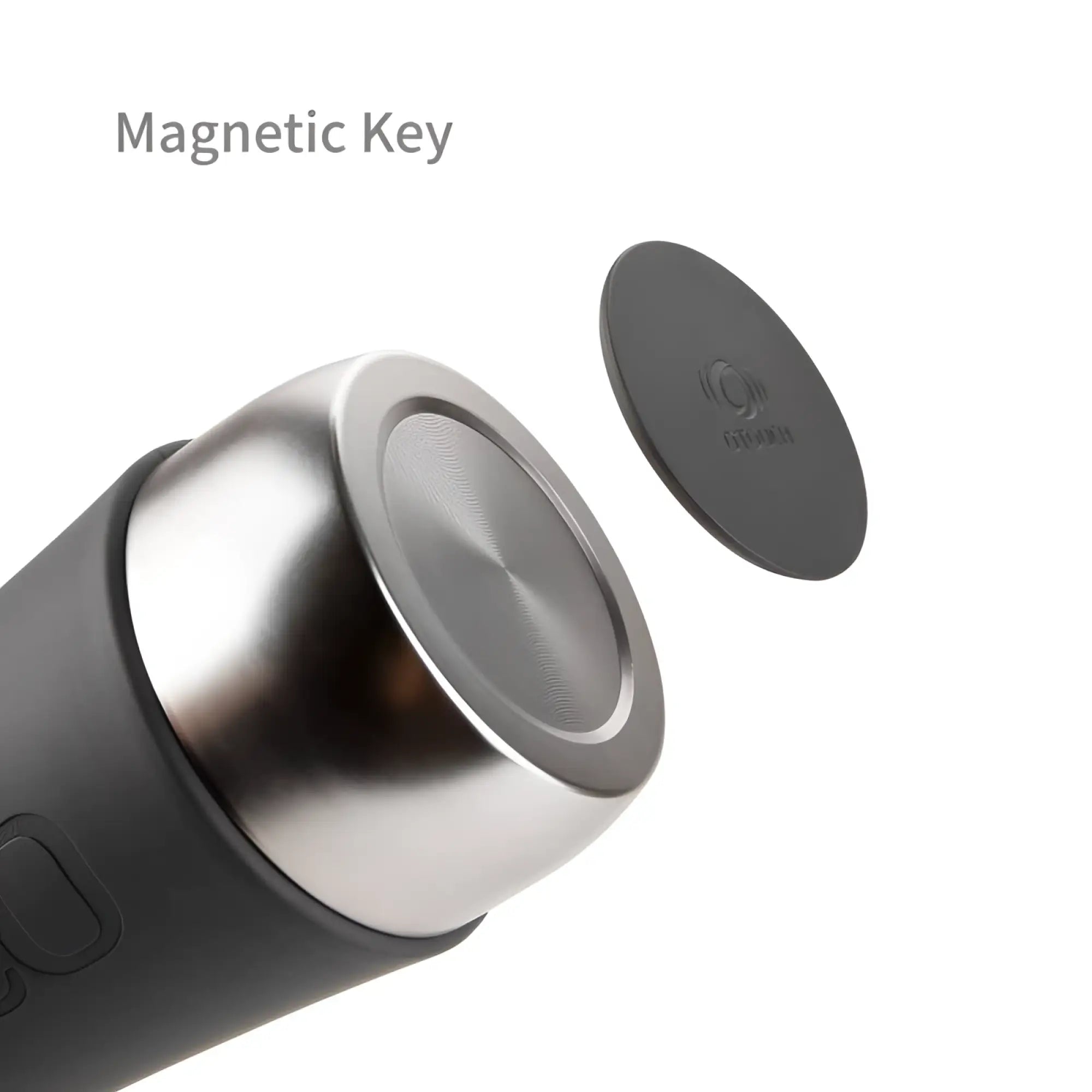 Silver stainless steel travel mug with black silicone grip and magnetic lid for OTouch Inscup 2 contracting USB masturbator