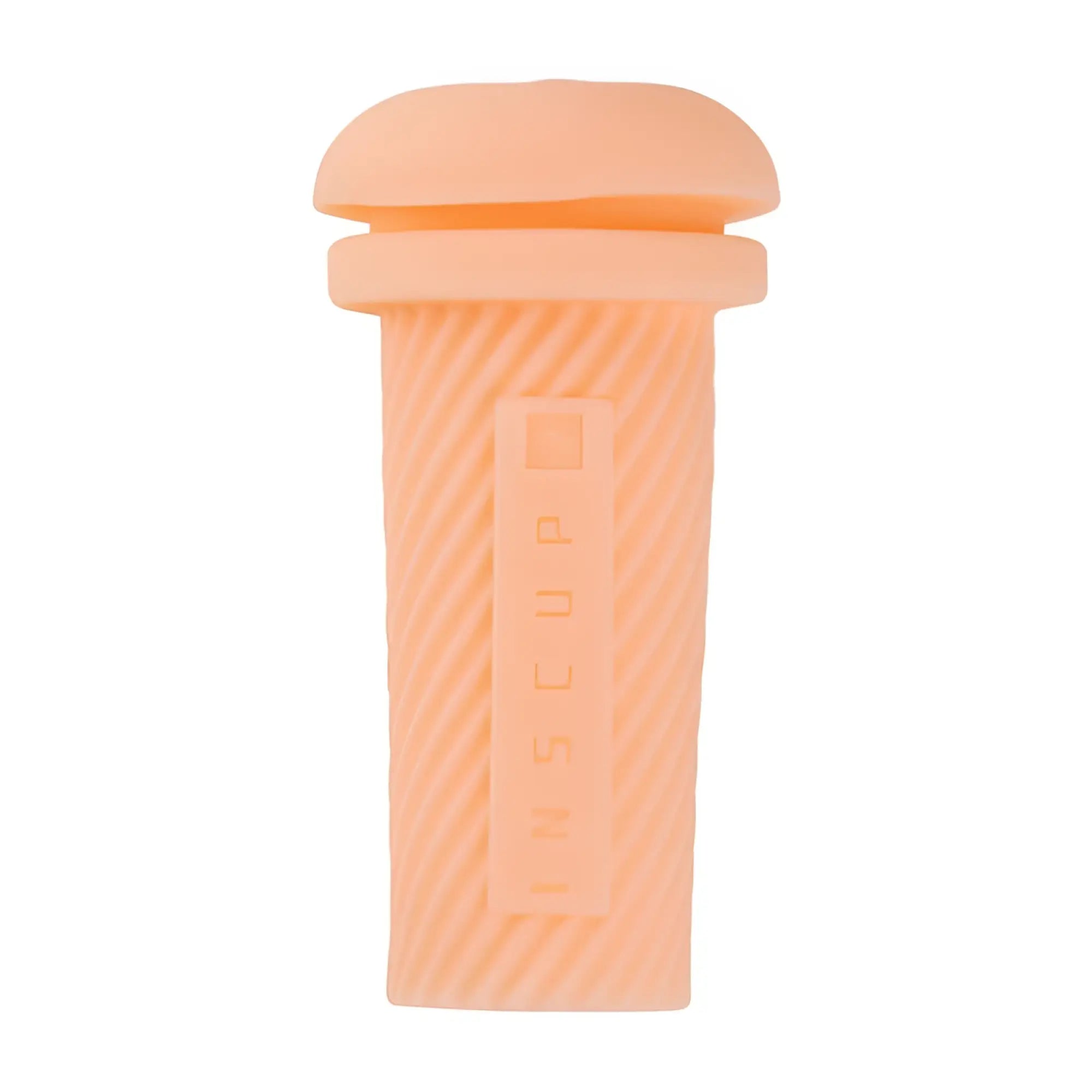 Peach-colored ribbed silicone replacement sleeve for OTouch inscup 2 USB masturbator with inscup embossed on side