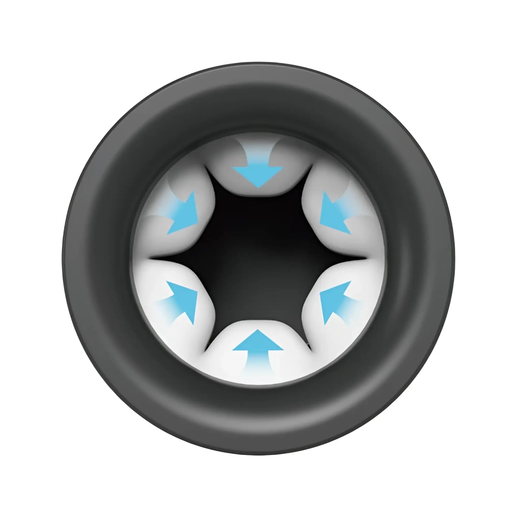 Black circular air vent with six white segments and blue airflow arrows on the back of the otouch inscup 3 thrusting masturbator
