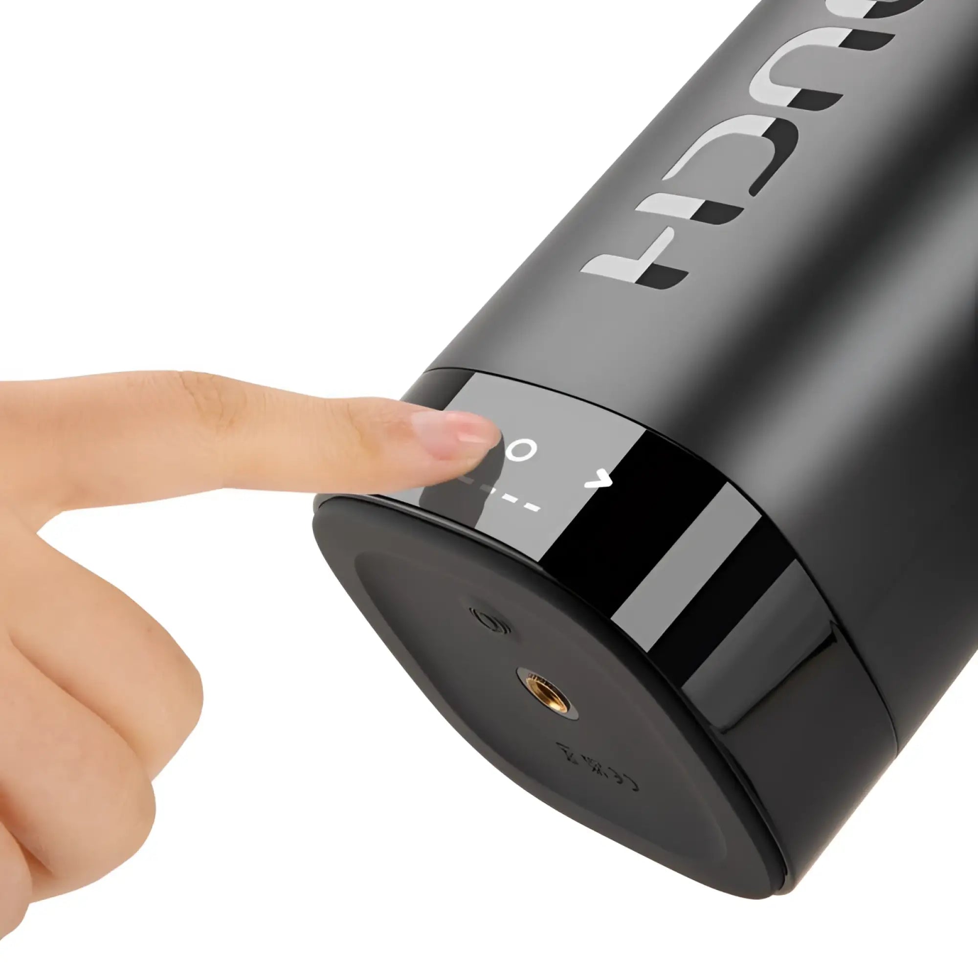 Black cylindrical honda otouch inscup 3 thrusting and contraction masturbator with glossy finish and tactile buttons