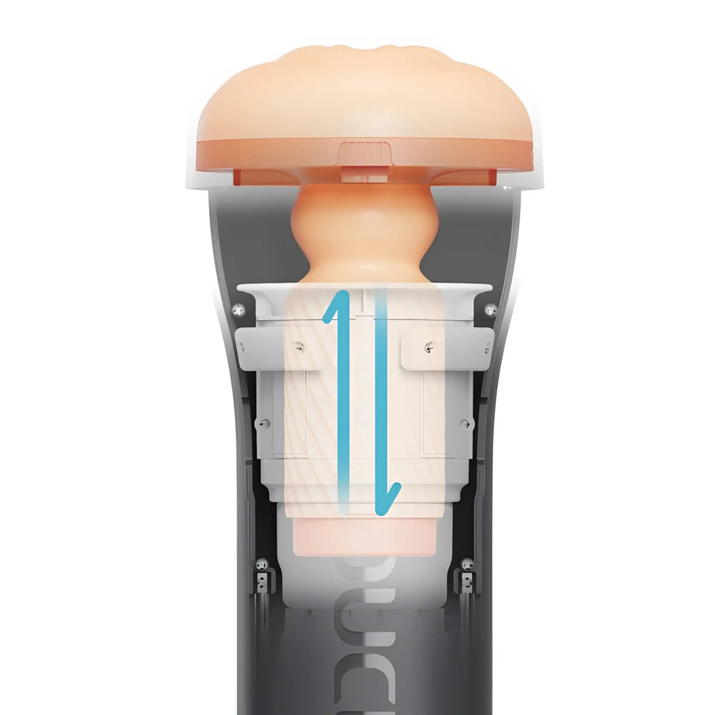 Peach-colored silicone head with gray base and internal mechanics showing blue arrows for the otouch inscup 3 masturbator