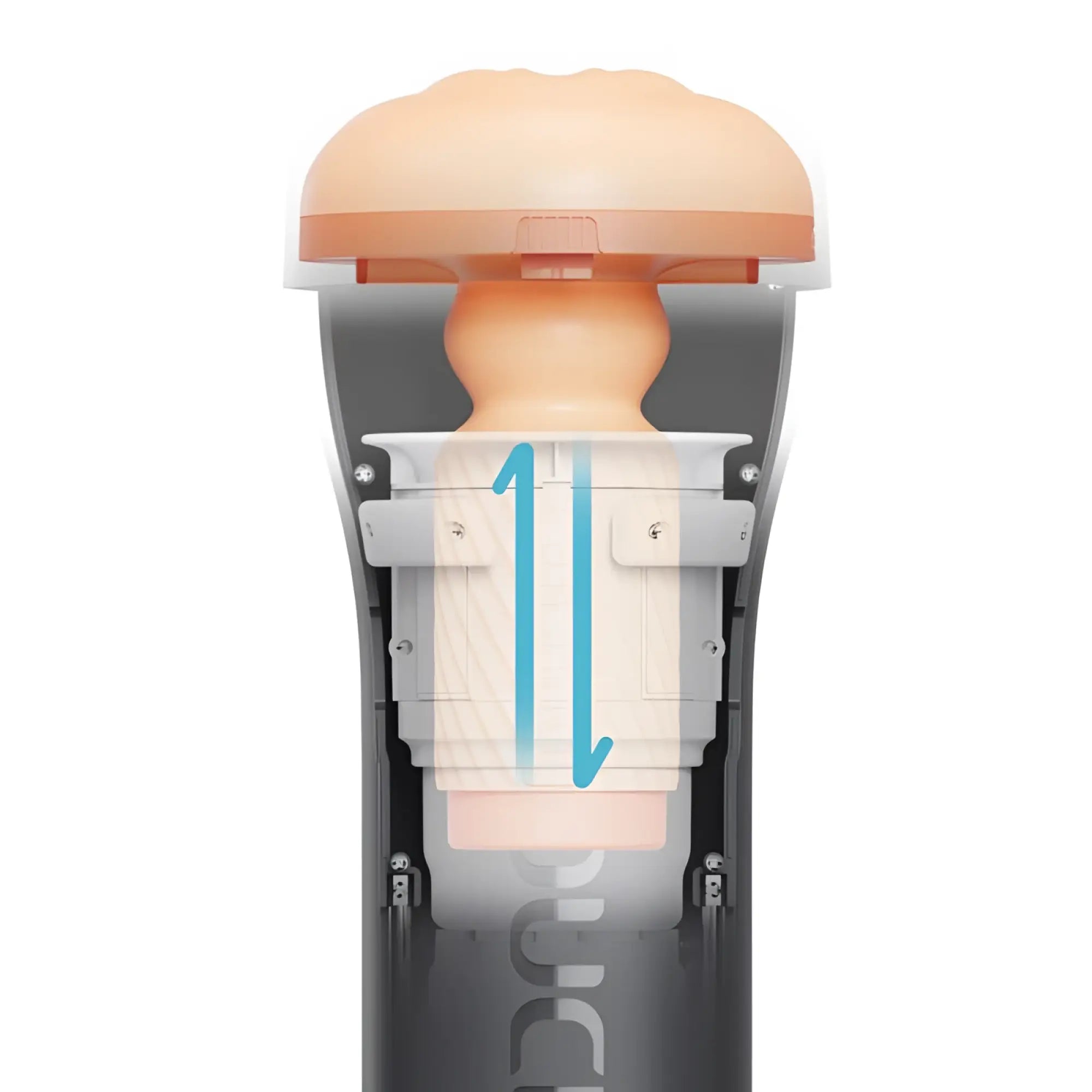 Peach-colored silicone head with gray base and internal mechanics showing blue arrows for the otouch inscup 3 masturbator