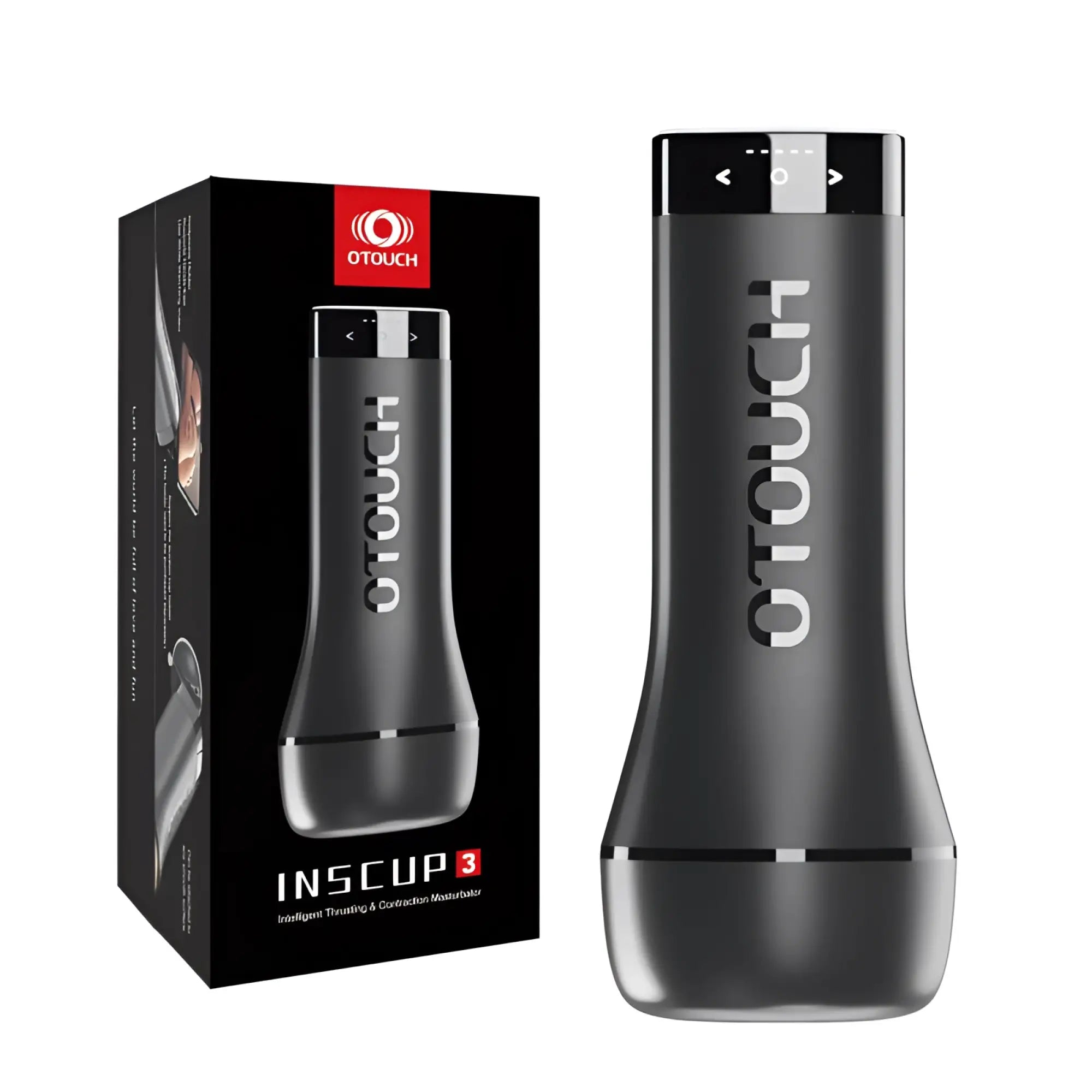 Black otouch inscup 4 gen 2 intelligent thrusting and contraction masturbator with silver accents and sleek cylindrical design