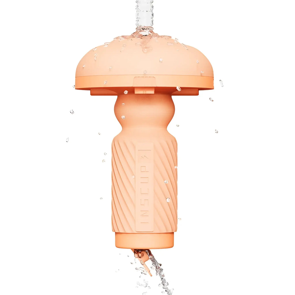 Peach-colored silicone inscup water filter with mushroom top and ribbed body for OTouch Inscup 4 Gen 2 masturbator