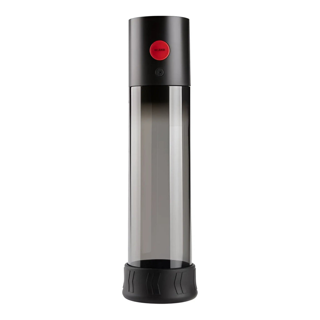 Otouch macho work 1 pump black cylindrical device with red button and translucent gray textured base for easy handling