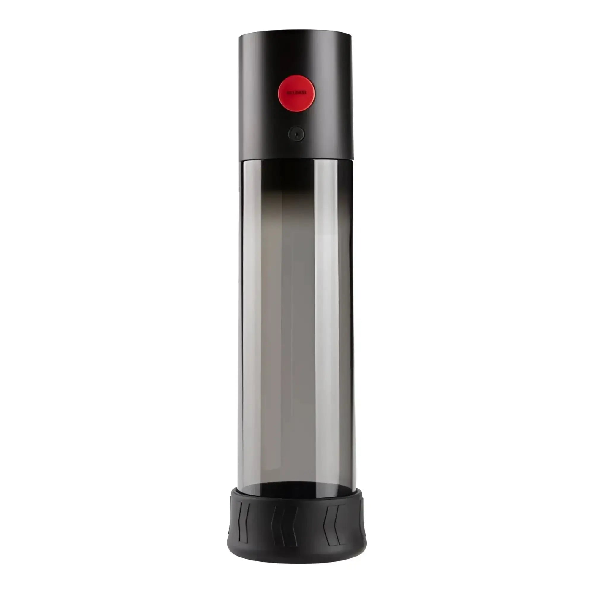 Otouch macho work 1 pump black cylindrical device with red button and translucent gray textured base for easy handling