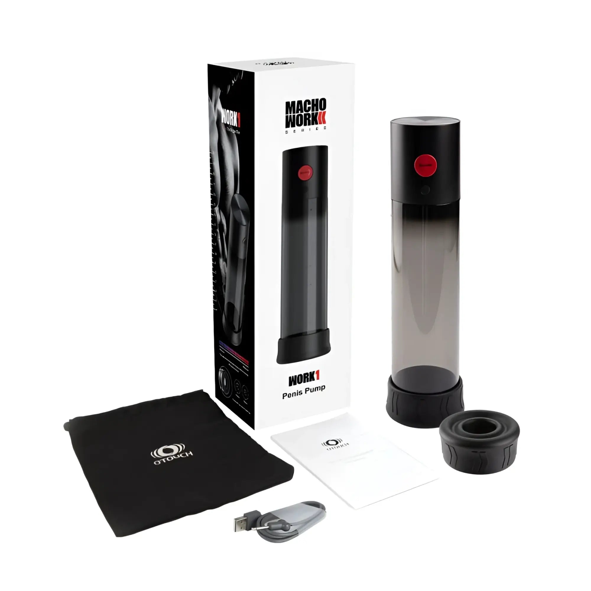 Black and translucent cylindrical electric penis pump with red button from otorchi macho work series otouch macho work 1 pump