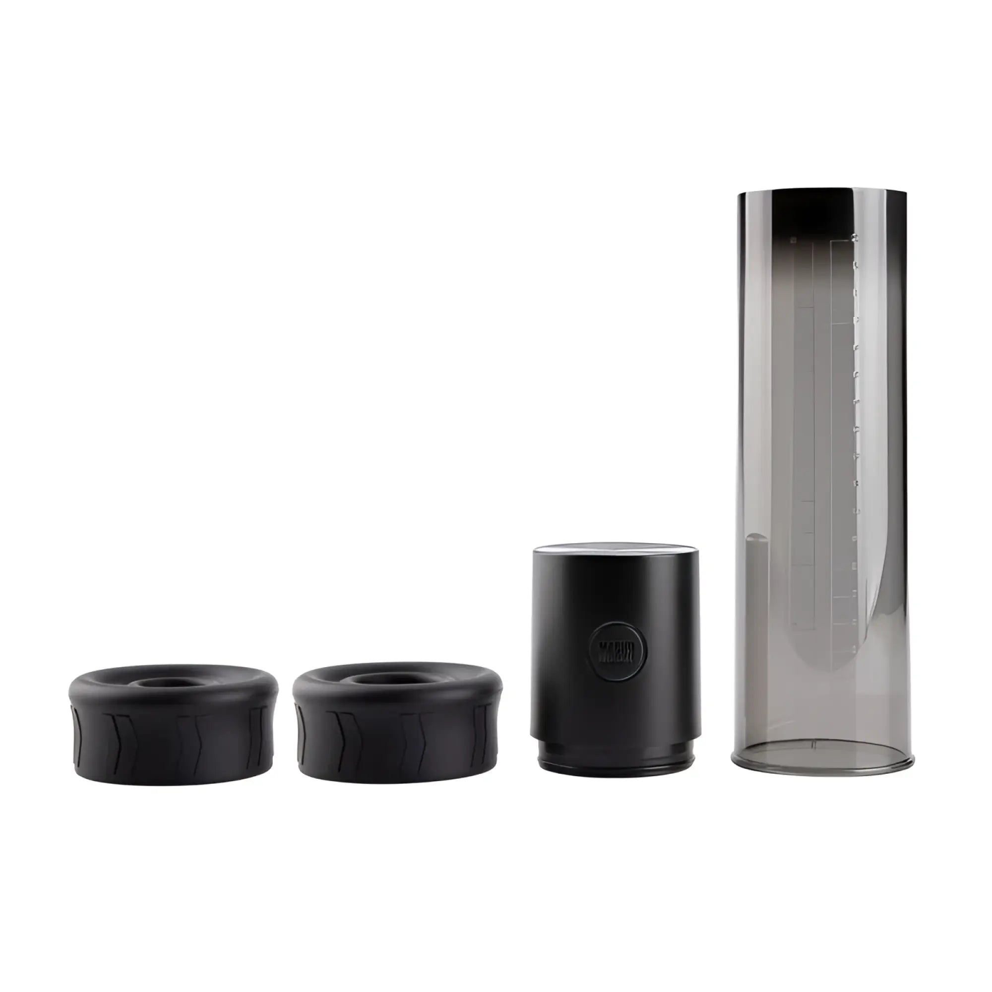 Black and translucent cylindrical glass container with black plastic cap and matching rubber rings for OTouch Macho Work 1 Pump