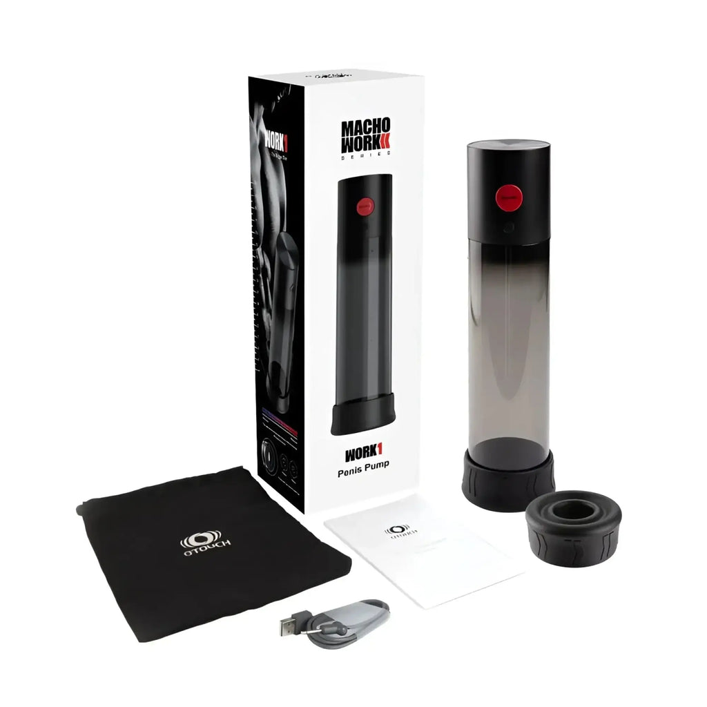 Black and translucent cylindrical electric penis pump with red button from otorchi macho work series otouch macho work 1 pump