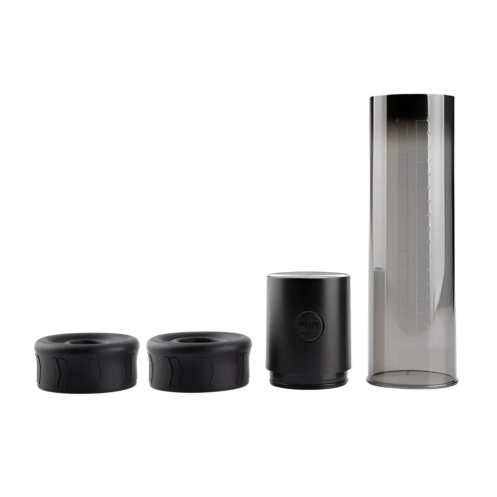 Black and translucent cylindrical glass container with black plastic cap and matching rubber rings.