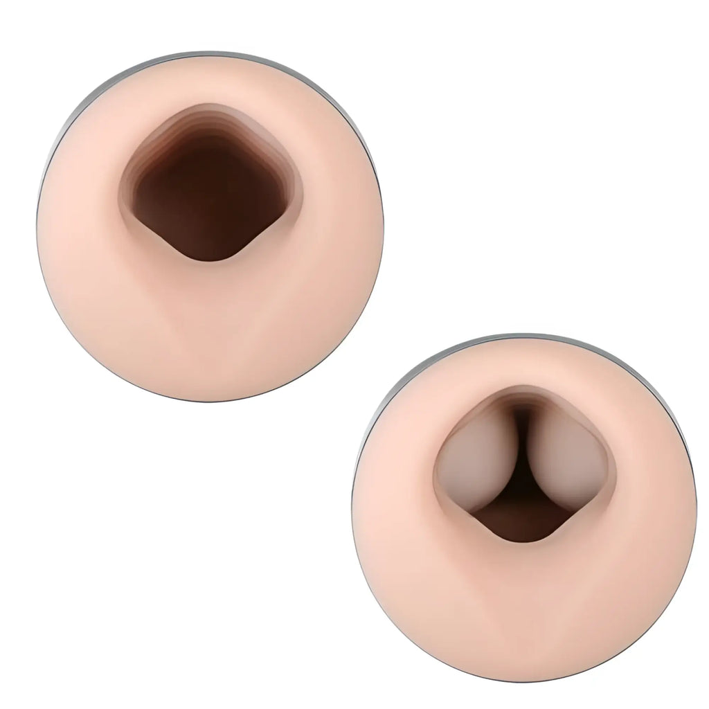 Pair of peach-colored silicone anal plugs with metallic silver rims from the OTouch NINJA 2 inflatable masturbator set