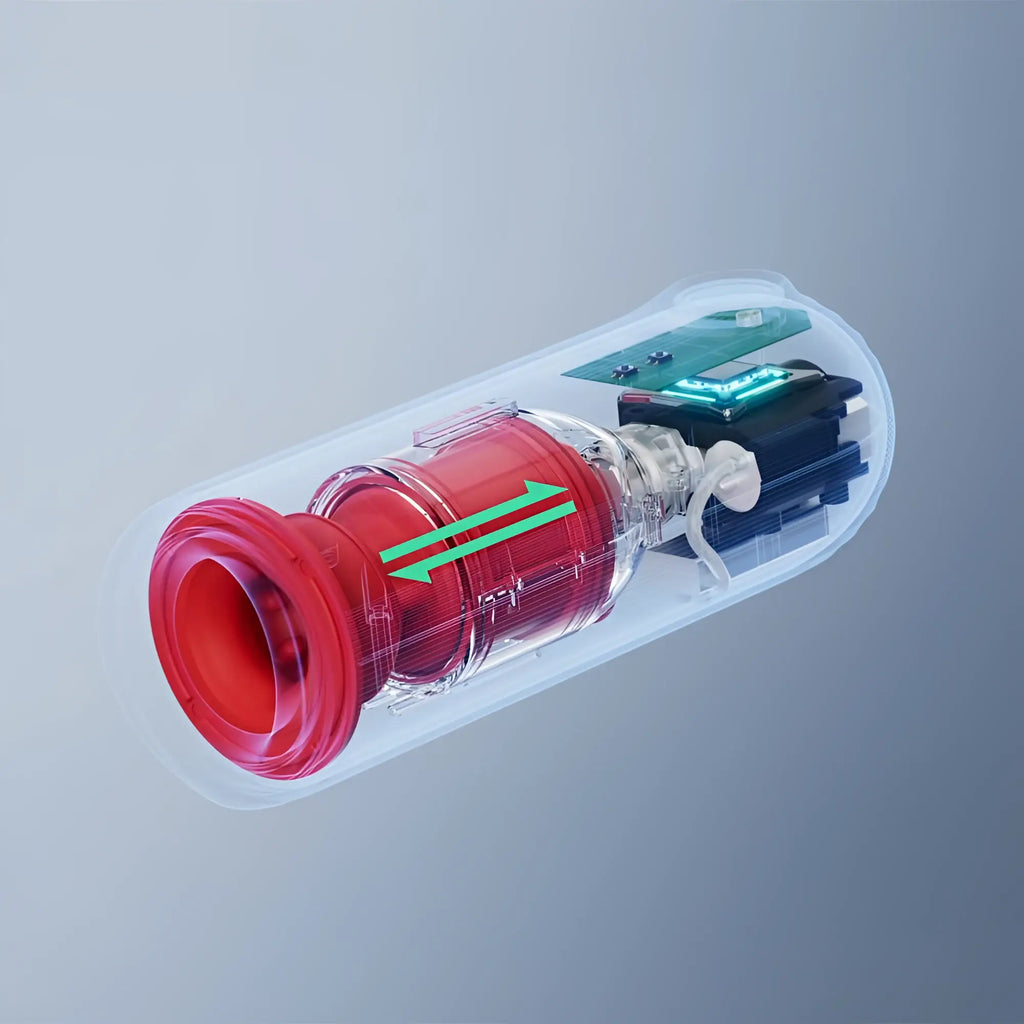 Transparent cylindrical otouch submarine submersible thrusting vibrating masturbator with red chamber and circuit boards