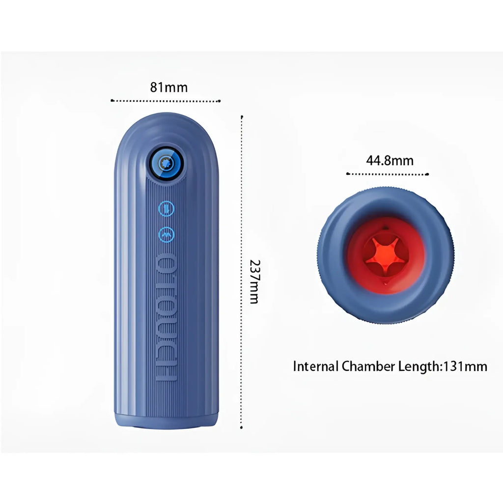 Blue OTouch submarine submersible thrusting contracting vibrating masturbator with sleek ribbed exterior and glowing red chamber