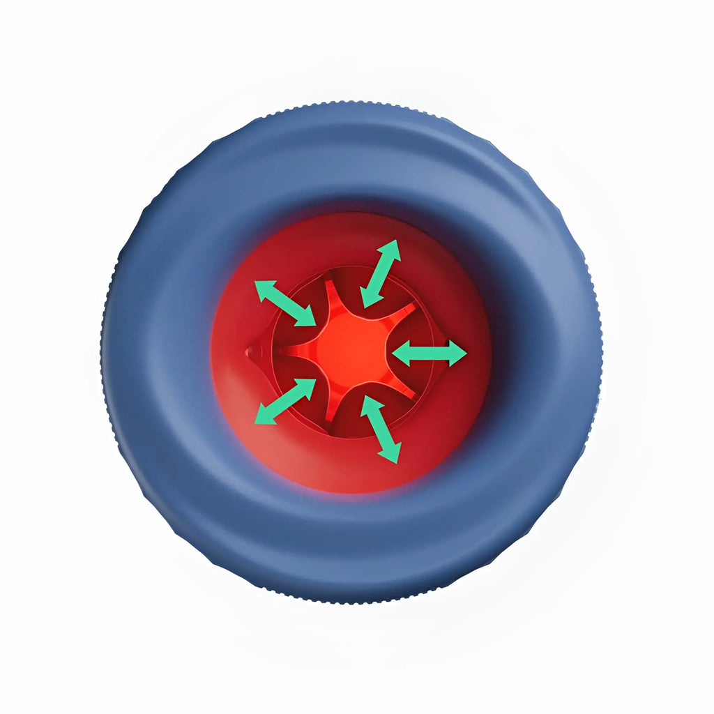 Blue and red inflatable tire with textured surface and internal star design for OTouch submarine vibrating masturbator