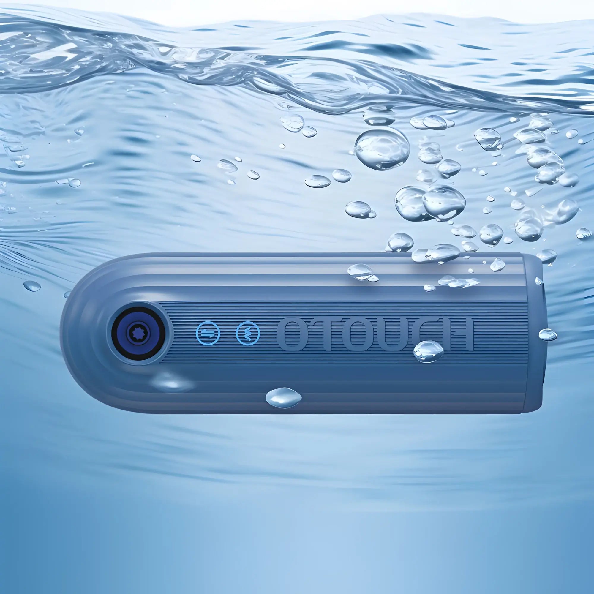 Blue otouch underwater camera with textured grip and illuminated buttons for the otouch submarine submersible vibrating masturbator