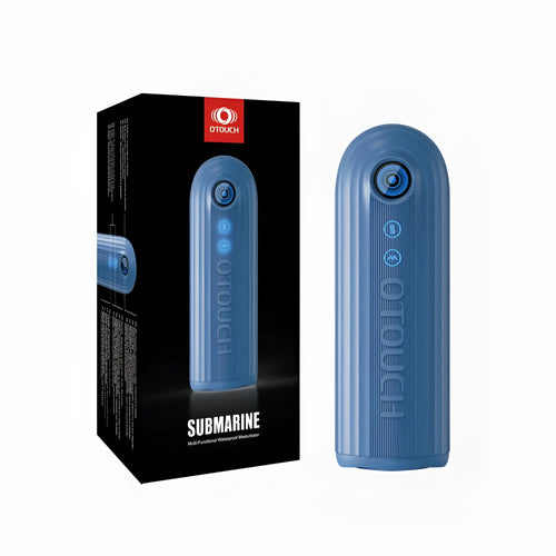 Blue otouch submarine submersible thrusting vibrating masturbator with textured ridges and blue-lit lens on top