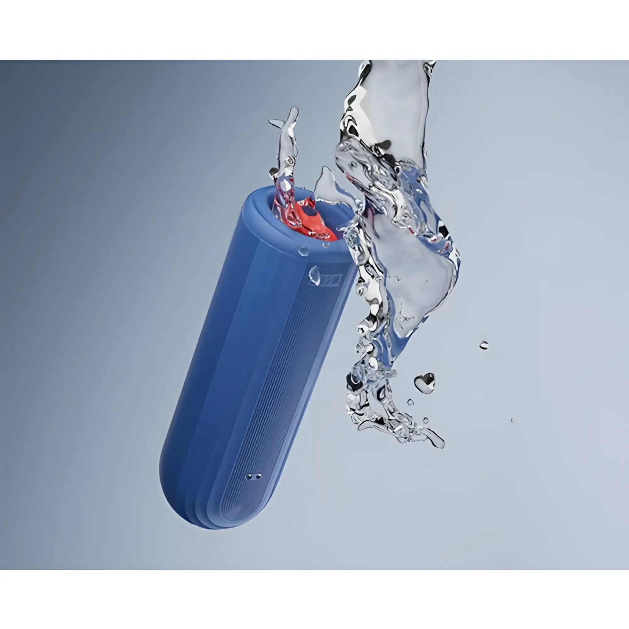 Blue cylindrical portable speaker with red accent textured surface in touch submarine submersible vibrating masturbator