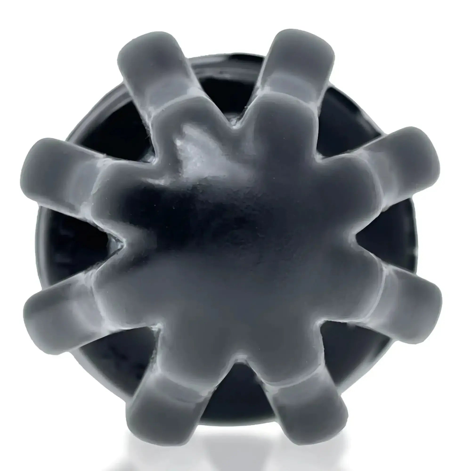 Black glossy plastic knob with eight rounded spokes on oxballs airhole 1 finned buttplug black S back side