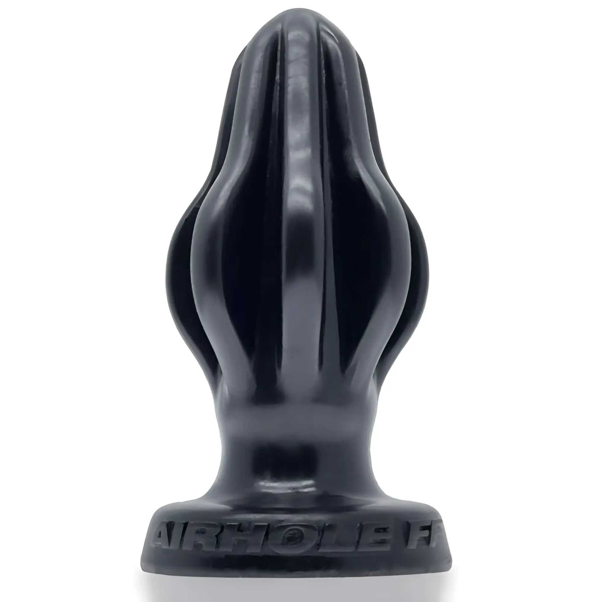 Black glossy silicone anal plug with fluted tapered design and airhole embossed base from oxballs airhole-1 finned buttplug