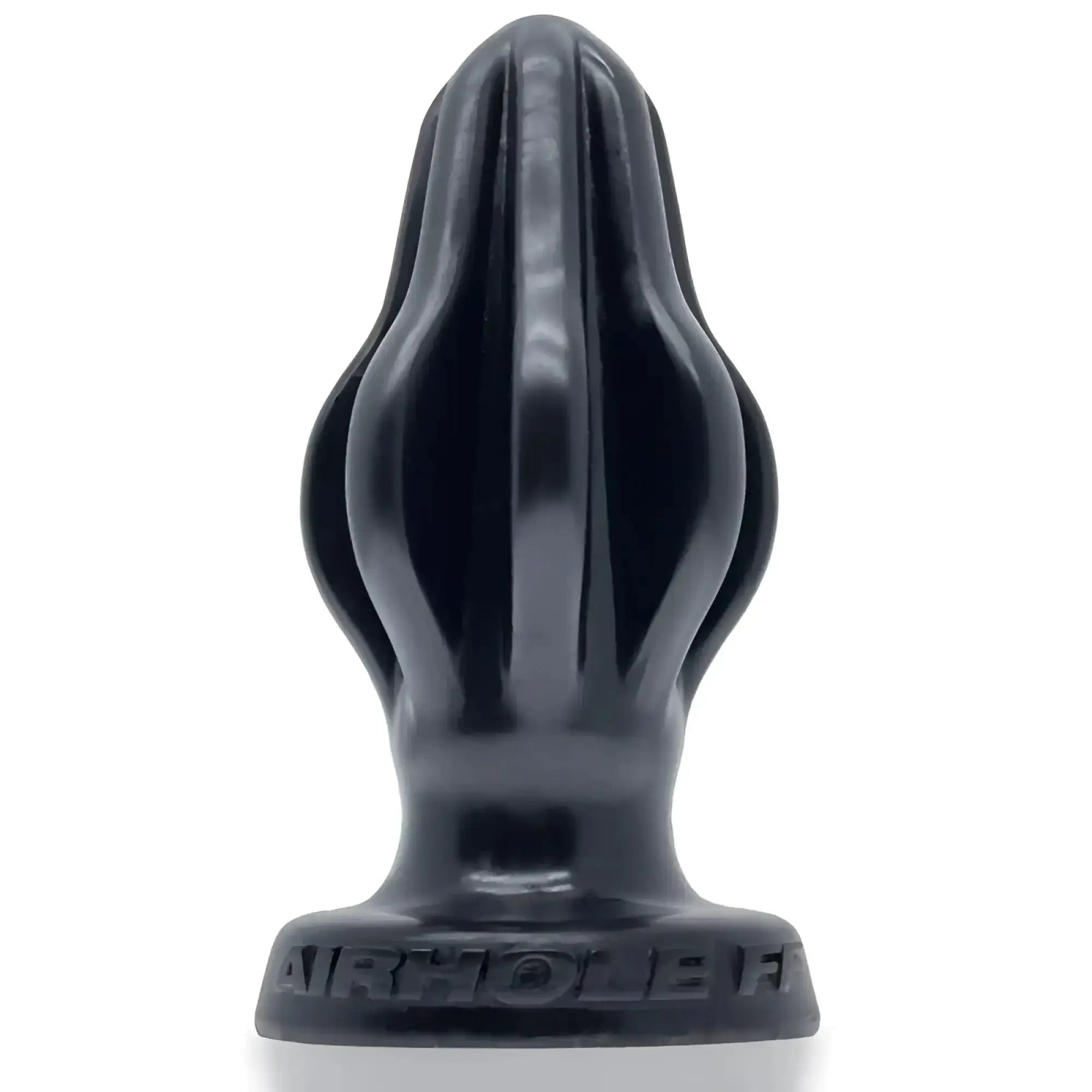 Black glossy silicone anal plug with fluted tapered design and airhole embossed base from oxballs airhole-1 finned buttplug