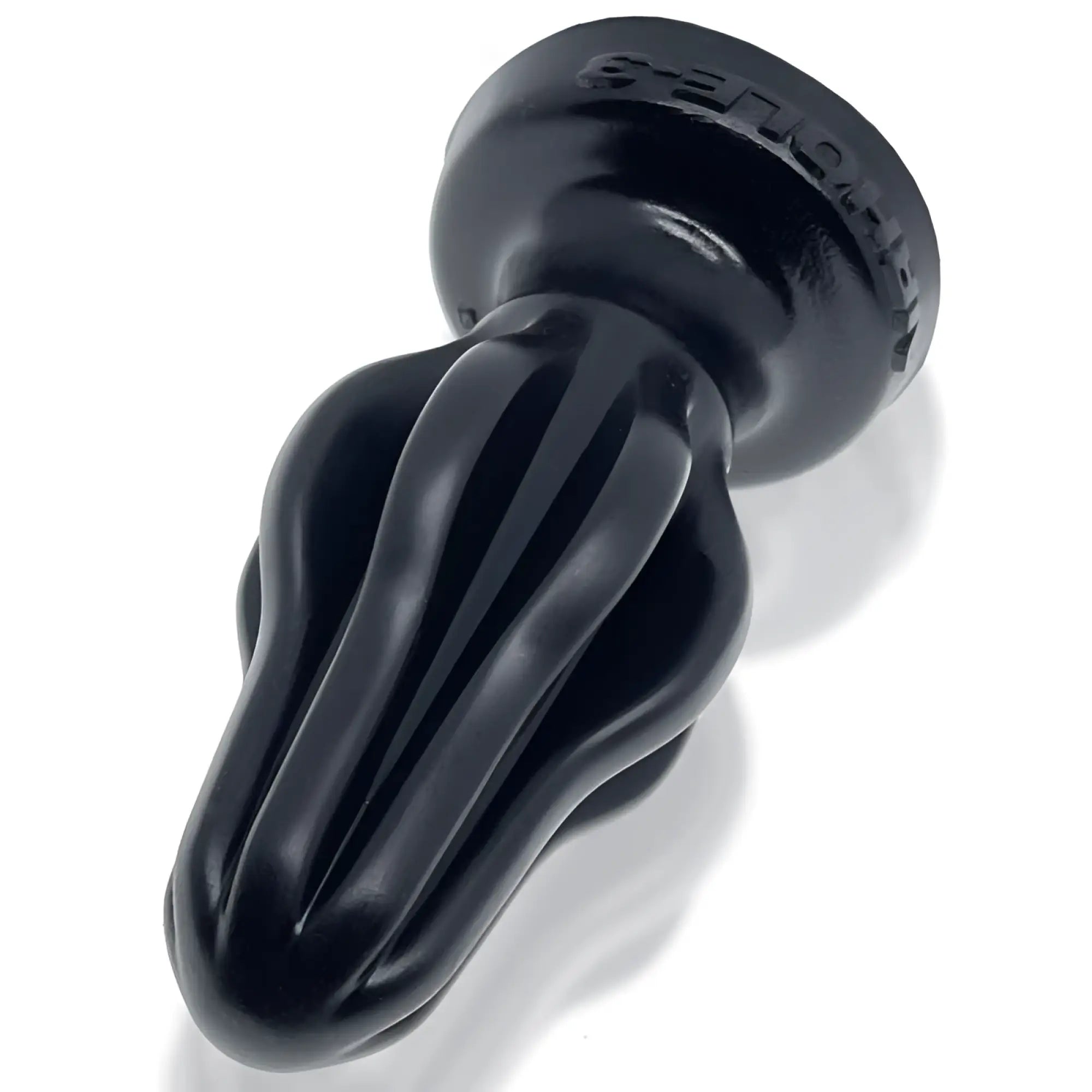 Black silicone oxballs airhole-1 finned buttplug with fluted segmented design and sensu brand embossed on base