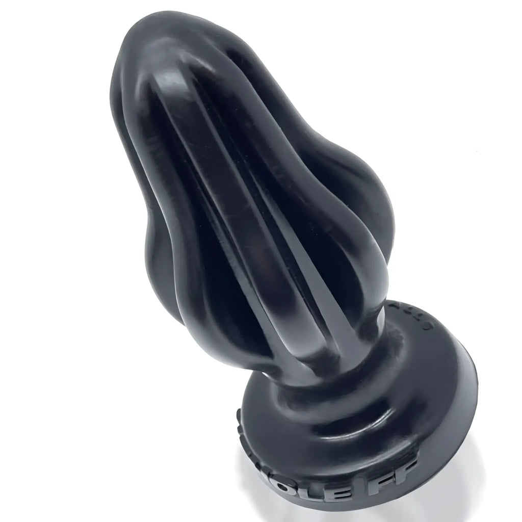 Black silicone oxballs airhole-1 finned buttplug with tapered fluted design and textured base engraved ole fr