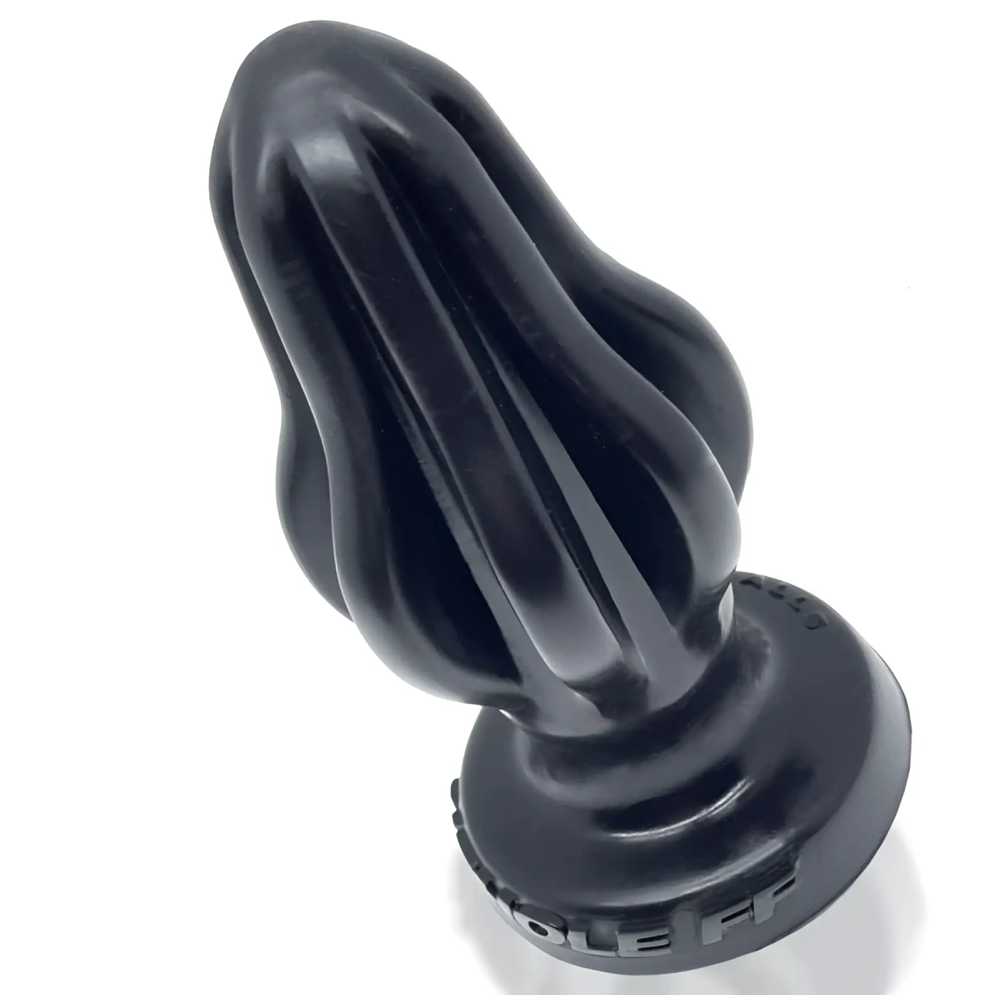 Black silicone oxballs airhole-1 finned buttplug with tapered fluted design and textured base engraved ole fr