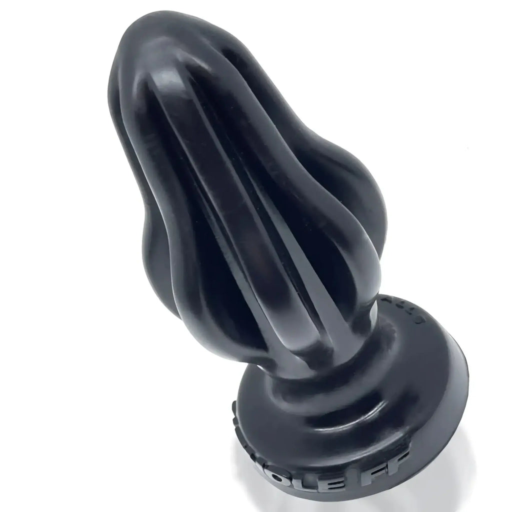Black silicone oxballs airhole-1 finned buttplug with tapered fluted design and textured base engraved ole fr