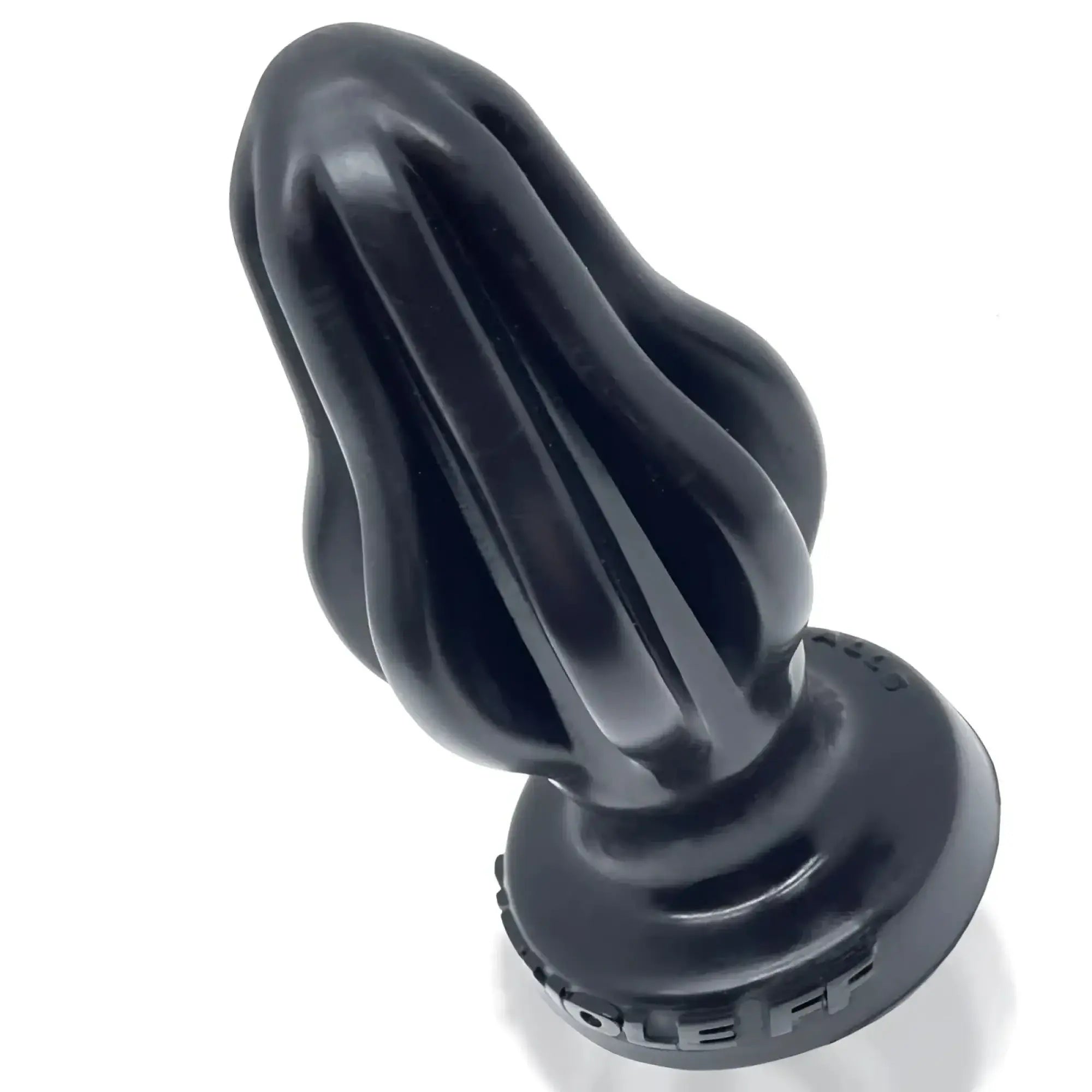 Black silicone oxballs airhole-1 finned buttplug with tapered fluted design and textured base engraved ole fr