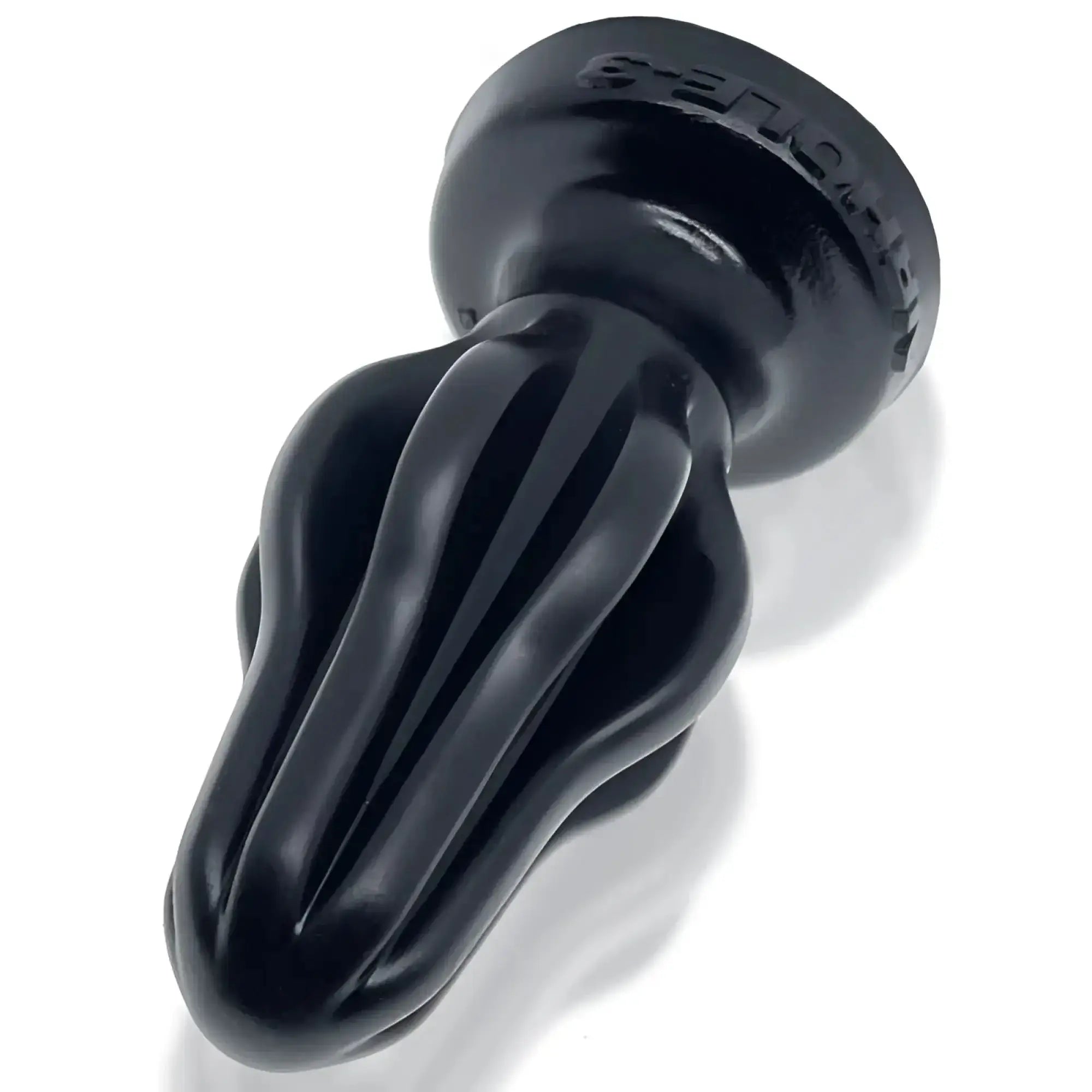 Black silicone oxballs airhole-1 finned buttplug with fluted segmented design and sensu brand embossed on base