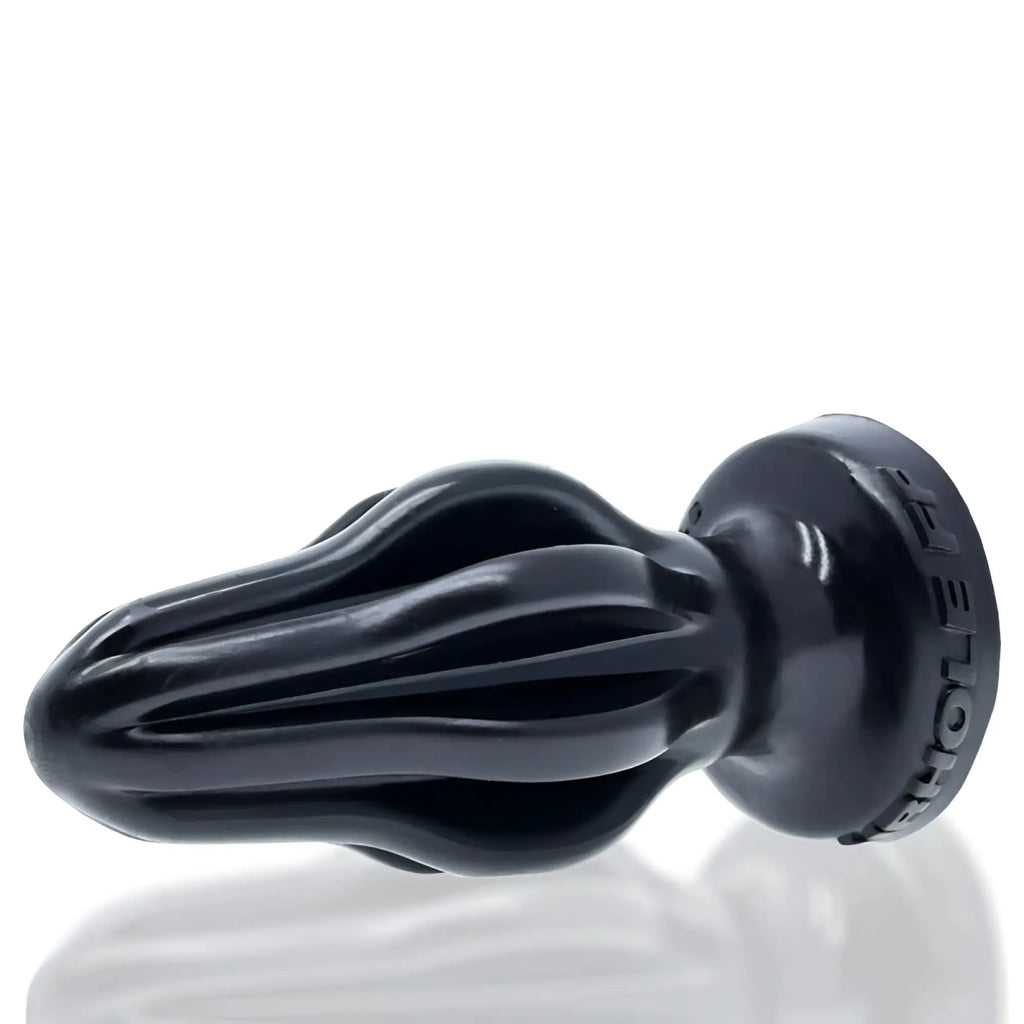 Black silicone oxballs airhole-1 finned citrus juicer-shaped anal plug with embossed brand name on base visible